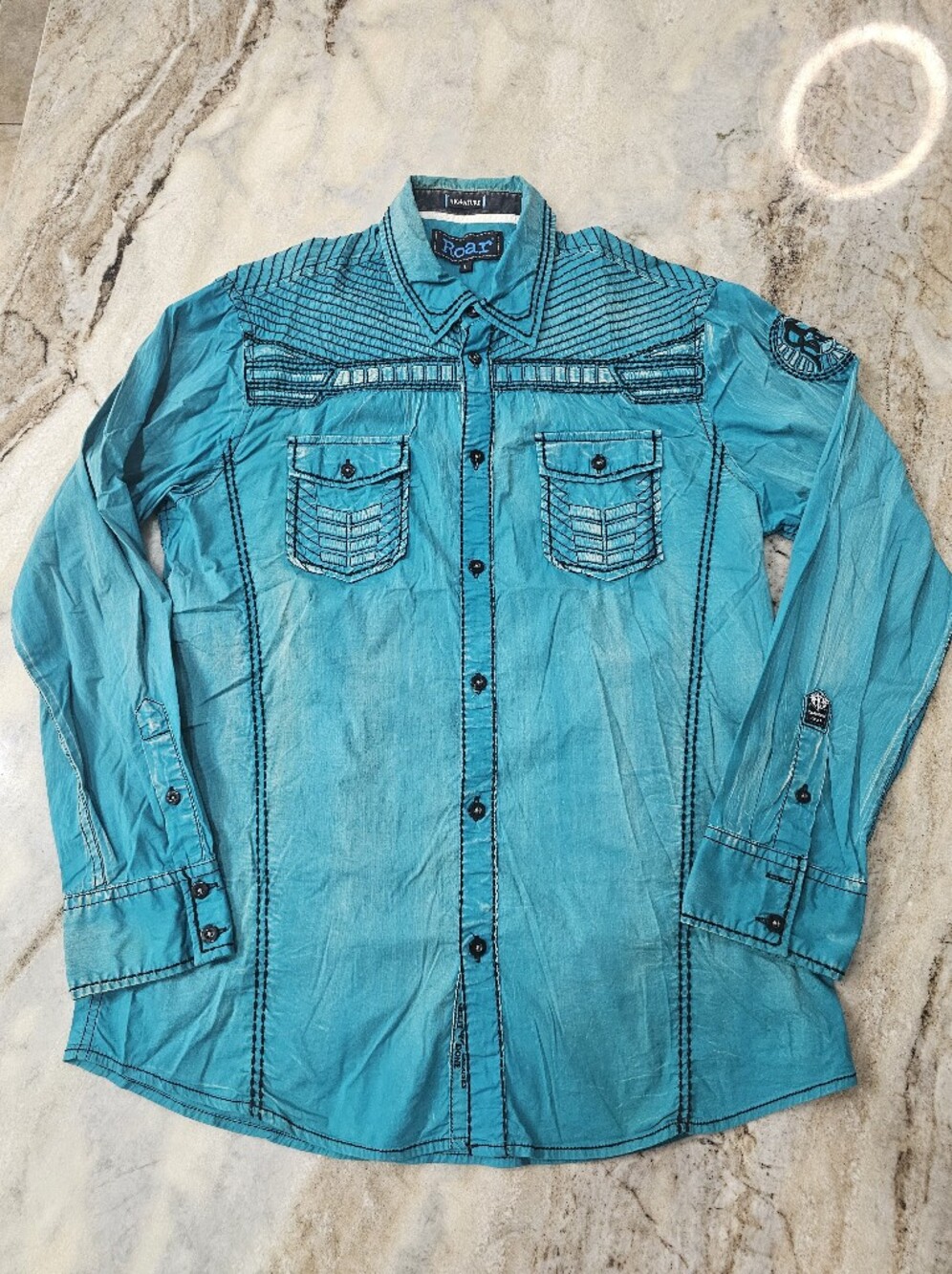 Roar Signature Affliction Style Embroidered Western Shirt Large Teal Distressed